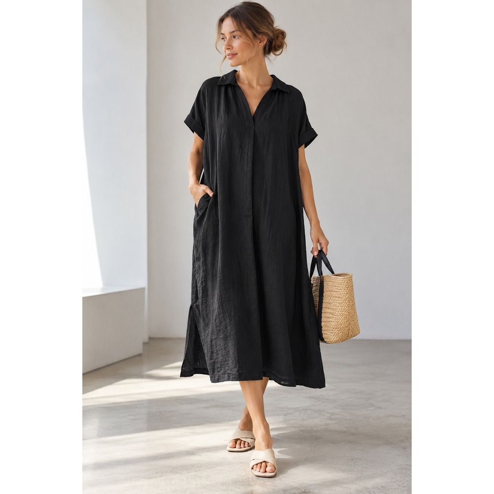 Uniqlo Linen Blend V-Neck Midi Dress Women Small Black Short Sleeve 449258